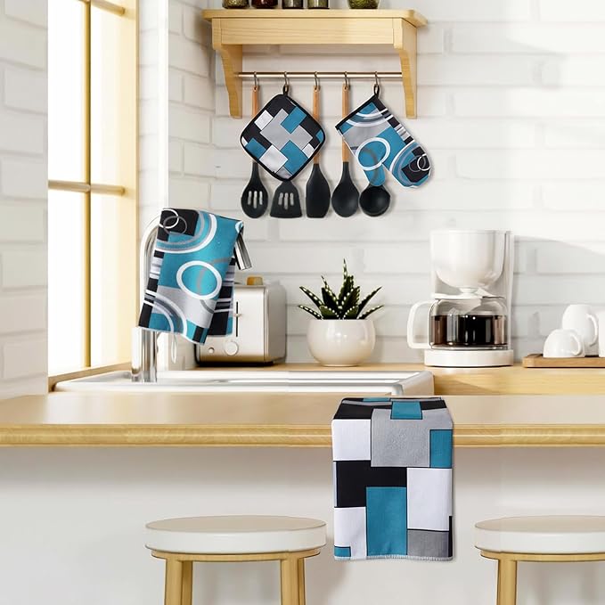 Jingmore 6 Pcs Kitchen Decor Set Accessory Farmhouse Kitchen Towels Pot Holders Oven Mitts Set 2 Dish Towels 2 Pot Holders 2 Cooking Mittens Oven Glove for Cooking(Teal,White, Gray,Geometric)