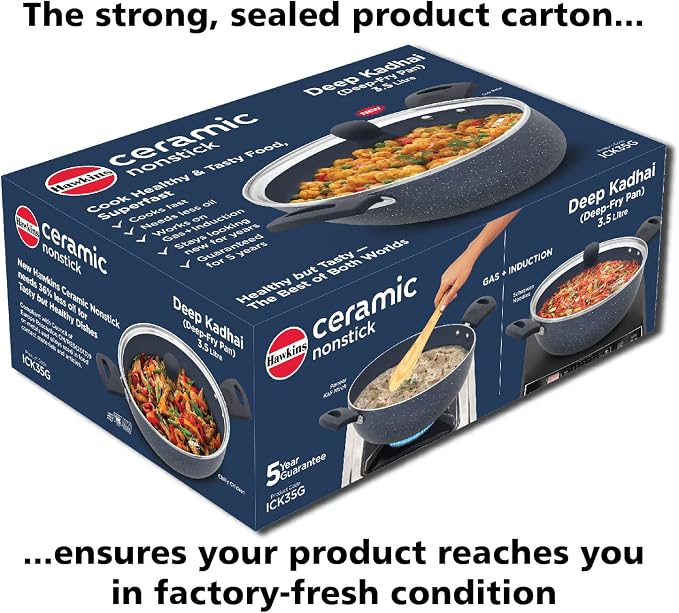 HAWKINS Ceramic Nonstick 3.5 Litre Deep Kadhai, Induction Deep Fry Pan with Glass Lid, Granite Kadai (ICK35G)