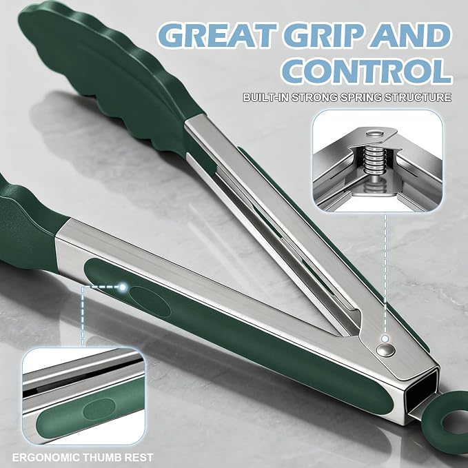 Stainless Steel Kitchen Tongs with Silicone Tips, Locking Grilling Food Tongs, 9" and 12", Set of 2 Dark Green