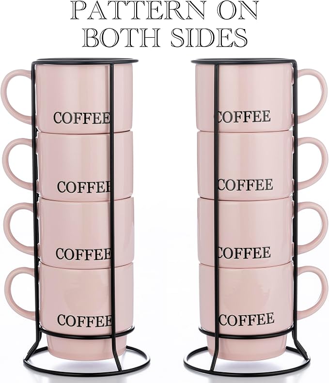 Signature Housewares Stackable Coffee Mug Tower Set with Metal Wire Rack - 15 Ounce Coffee Mugs for Coffee, Tea, Cocoa, Milk, Cappuccino, Hot Chocolate Set of 4 - Pink Coffee