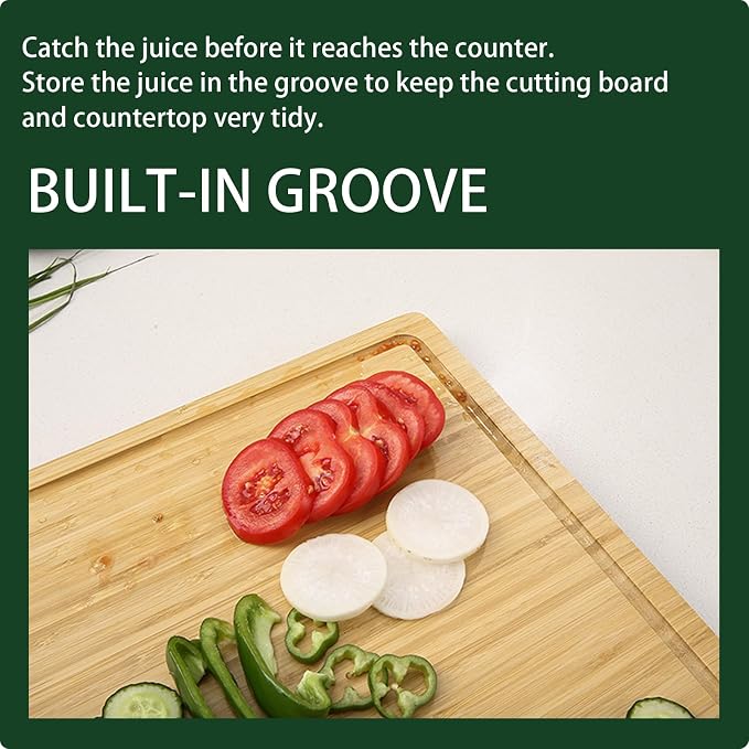 GarveeHome 24 in Extra Large Bamboo Cutting Board for Kitchen, Heavy Duty Wood Kitchen Stovetop Cover Chopping Board with Side Handles and Juice Groove, 100% Organic Bamboo