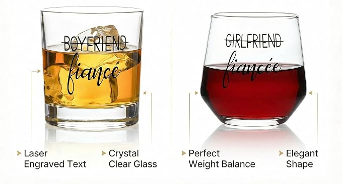 Engagement Gifts for Couples, Engagement Party Decorations - Unique Fiance Gift for Him or Her! Proposal Decorations, Whiskey Wine Glasses, Best Gift for Newly Engaged Couple, Women (Crystal Glass)