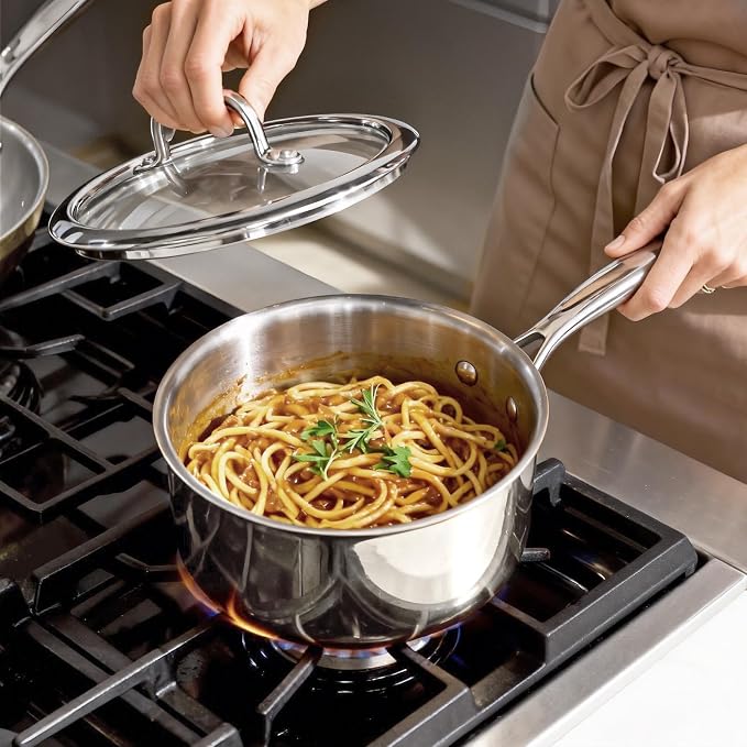 Macevia Sauce Pan with Glass Lid, 18/10 Stainless Steel Pot with Stay-Cool Handle, For All Stoves Multipurpose Use for Home Kitchen or Restaurant（1 Quart）- Silver
