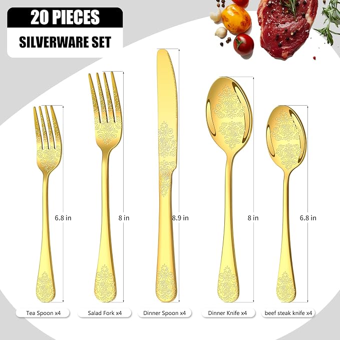 20 Pcs Gold Silverware Set for 4, Food Grade Stainless Steel Flatware Set, Eating Utensils Sets Include Fork/Knife/Spoon, Reusable Cutlery Set for Home Kitchen, Dishwasher Safe, Embossed pattern-2