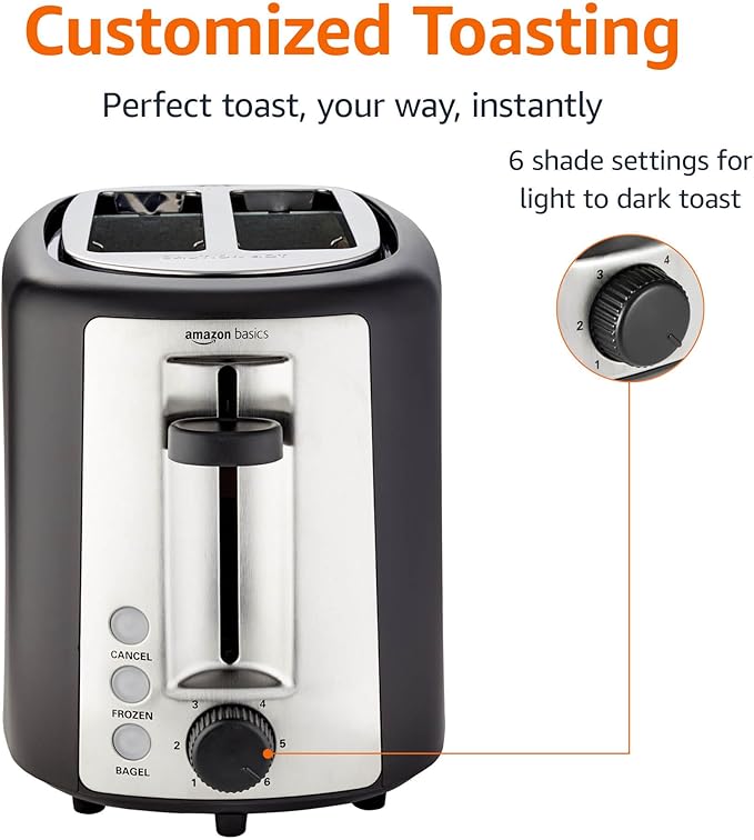 Amazon Basics 2 Slice Toaster, Extra Wide Slots for Bagels, 6 Browning Settings, Removable Crumb Tray, Defrost/Cancel/Bagel Buttons, Cord Wrap, 900W, Black & Silver