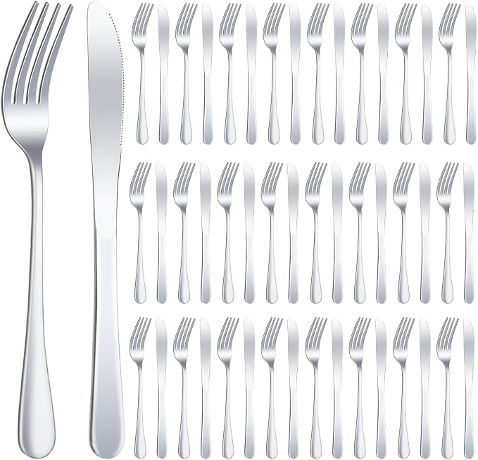 24 Pcs Stainless Steel Silverware Dinner Fork and Knife Set Flatware Forks Silver Tableware Cutlery Set Bulk for Kitchen Restaurant Home (8.1X 1 Inch, 8 X 0.8 Inch)