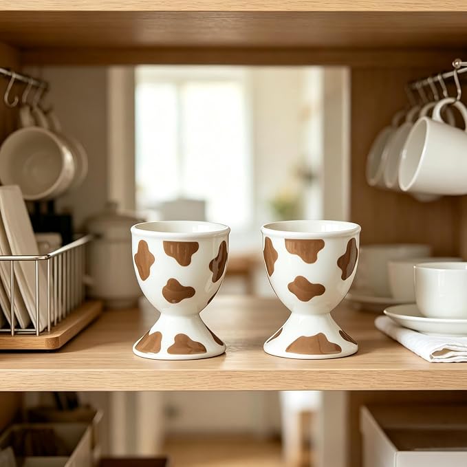 Cinf Ceramic Egg Cups, Set of 2, Mocha Cow Boiled Egg Holders for Breakfast | Set of 2 ceramic egg cups, classic white design, easy to clean, ideal for boiled eggs, breakfast serving and holiday gifting