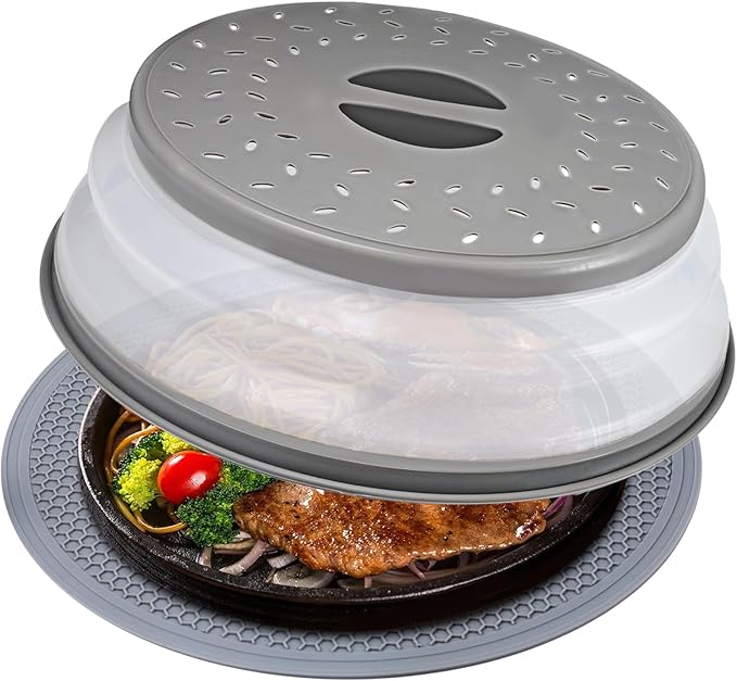 Microwave Cover for Food and Silicone Mat Collapsible Microwave Splatter Cover, Microwave Plate & Dish Cover with Easy Grip Handle, BPA-Free, 10.5” Cover&12.2” Mat, Dishwasher Safe (Grey)