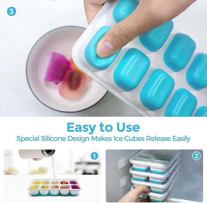 DOQAUS Ice Cube Tray with Lids, 4 Pack Silicone Ice Trays for Freezer | Stackable BPA & LFGB Safe, Easy Release for Kitchen, RV, Cocktail, Coffee, Soup & Food
