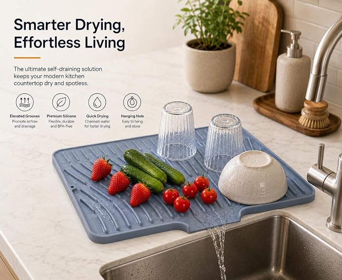 Silicone Dish Drying Mat with Drain Lip, 15.8 x 13 in, Gray | Raised ridges elevate dishes and create space for water to move across the silicone surface.