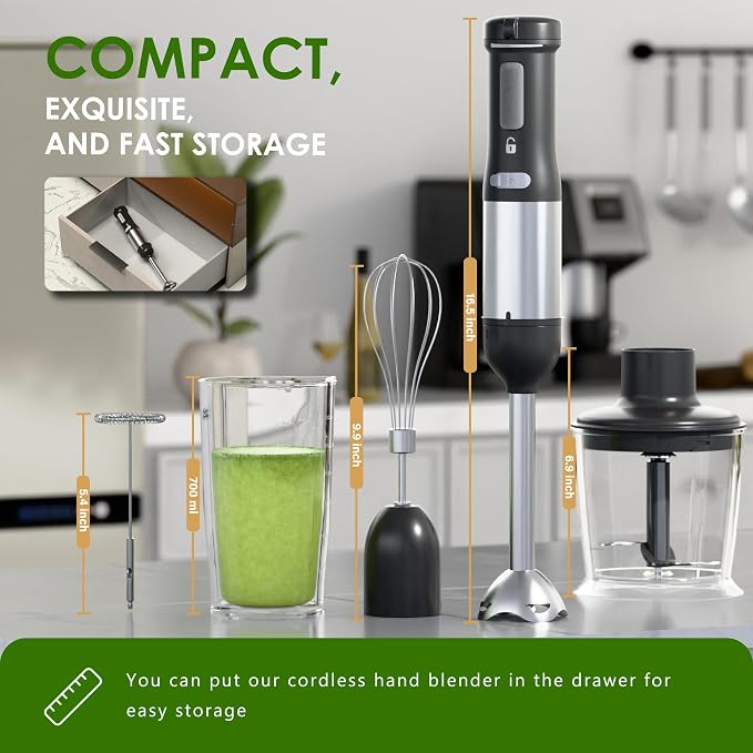 5-in-1 Cordless Immersion Blender with Rechargeable Handheld Battery | Variable-speed 2000mAh Battery，BPA-free&Dishwasher-safe, with Beaker, Chopper, Whisk & Frother for Kitchen, Black