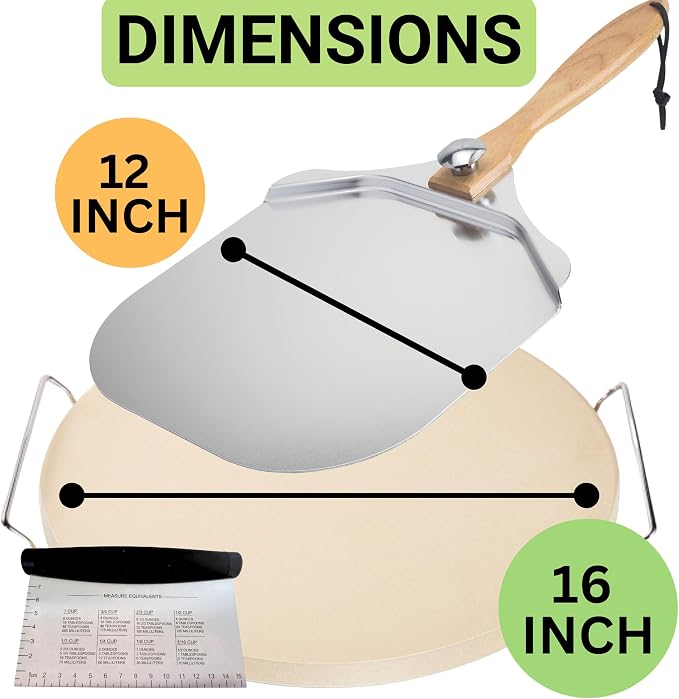 Round Pizza Stone for Oven 16 inch - Large Pizza Stone for Grill with Handles, Metal Pizza Peel & Steel Dough Cutter Tool - Baking Stone for Bread - Oven Stones - Pizza Making Set