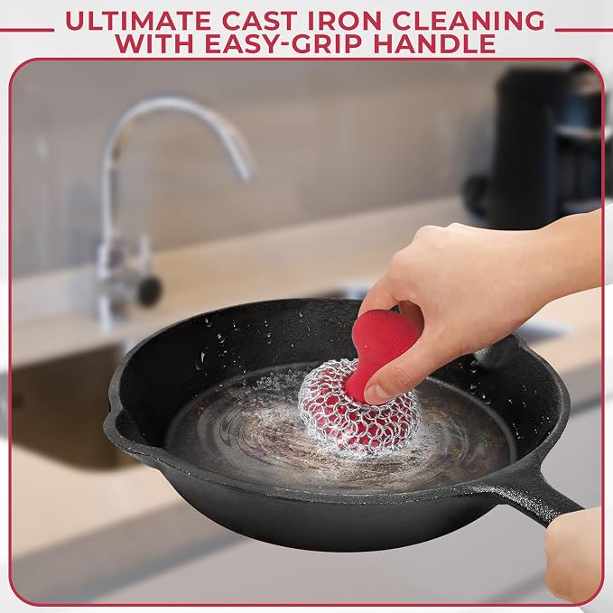 316L Chainmail Scrubber Cleaner Kit - Skillet Cleaner with Long Grip Handle | 316L Chainmail Scrubber + Pan Scraper + Long Handles - 316 Cast Iron Cleaner - Chain Mail Scrubber for Cast Iron Pans