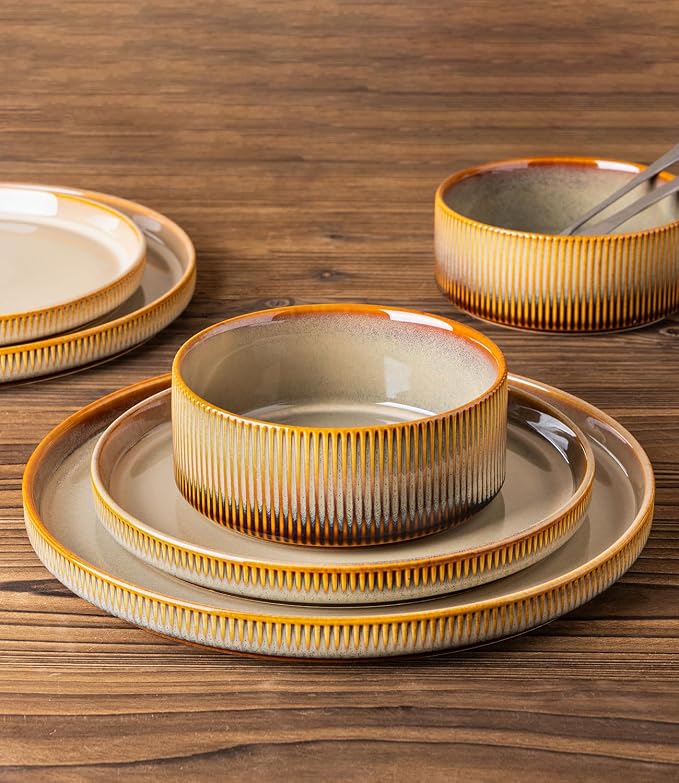 Ceramic Dinnerware Set for 4, 12-Piece Plates and Bowls Set | Lightweight Porcelain Dish Set, Scratch Resistant, Oven & Microwave & Dishwasher Safe, Creamy Amber