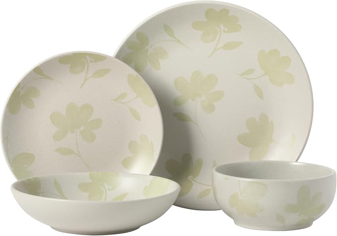 Gibson Home Admiral Hall Plates and Bowls Set, 16-Piece Floral Dinnerware Set, Green Stoneware Dish Set, Dinner Plates, Salad Plates, Pasta Bowls & Cereal Bowls
