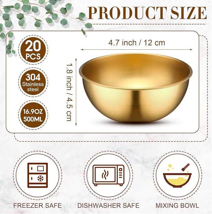 Nuogo 20 Pcs Gold Bowls 4.7 Inch Stainless Steel Mixing Bowls Decorative Esthetician Bowl for Facial Metal Serving Bowl for Holiday Birthday Party Wedding Baking Prepping Salad Fruit Soup