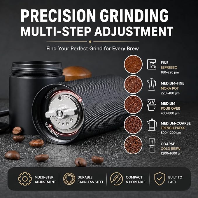 Manual Coffee Grinder - Stainless Steel Burrs, Adjustable Grind Settings, Portable Hand Crank for Espresso, Drip, French Press - Compact, Durable, Ideal for Home & Travel (Black)