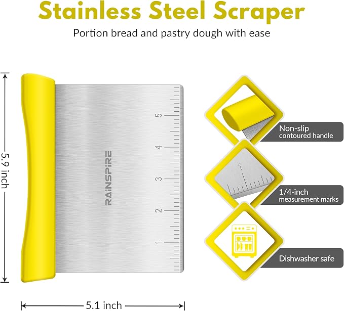 Upgraded 304 Stainless Steel Multi-Purpose Bench Scraper with Measurement Marks, Dishwasher Safe, Dough Cutter for Pizza, Bread and Cookie Dough Vegetable Chopper, Baking Supplies, Yellow