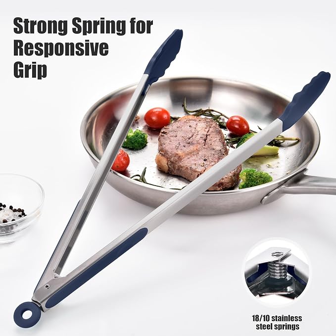 Doosu Kitchen Tongs with Silicone Tips for Cooking Serving (16in, Navy) | 600°F Heat Resistant Food Tong, Heavy Duty Stainless Steel Locking Tong for BBQ, Grilling Steak, Salad, Toast, Pasta