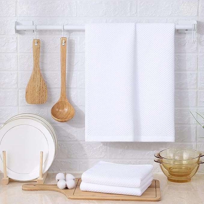 Kitinjoy 100% Cotton Waffle 12-Pack Kitchen Towels, 13" x 28", White | Super Soft, Ultra-Absorbent, Fast Drying, lightweight, Quick Drying Kitchen Hand Towels
