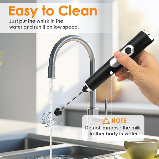 Milk Frother Handheld, Rechargeable Coffee Frother Wand, Drink Mixer, Black | Electric Foam Maker with 2 Stainless Whisks 3 Speeds, Hand Mixer for Lattes, Cappuccino, Matcha, Egg