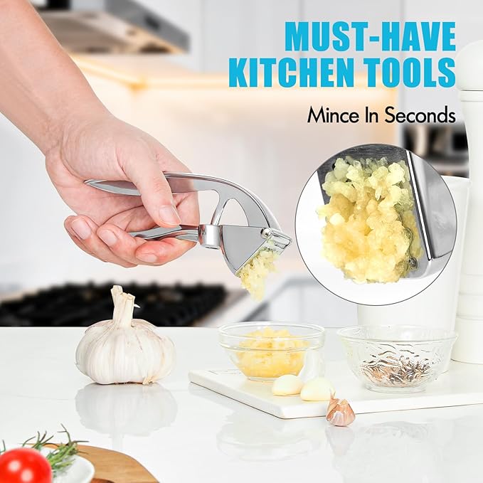 Garlic Press, Premium Metal Garlic Crusher Tool, Heavy Duty Garlic Mincer with Ergonomic Handle, Rust Proof & Dishwasher Safe, Easy to Squeeze and Clean -Silver