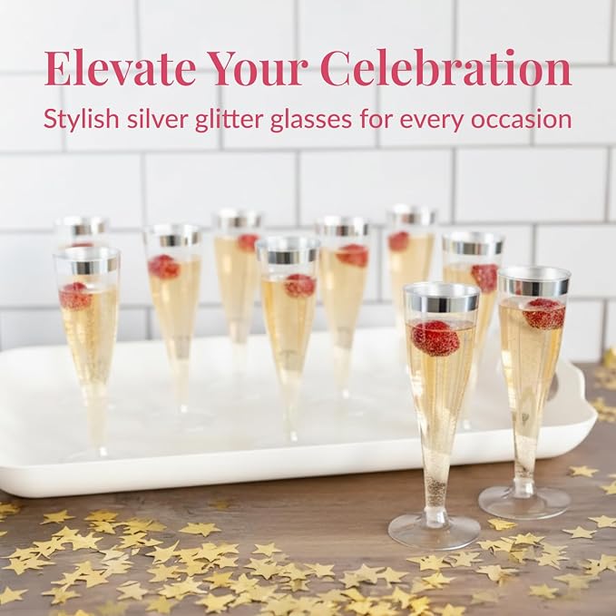 Prestee Set of 24 Silver Glitter Plastic Champagne Flutes - 4.5 oz Capacity - Shatterproof Durable Disposable Glasses - Elegant Design - Ideal for Weddings, Cocktail Parties, and Outdoor Celebrations