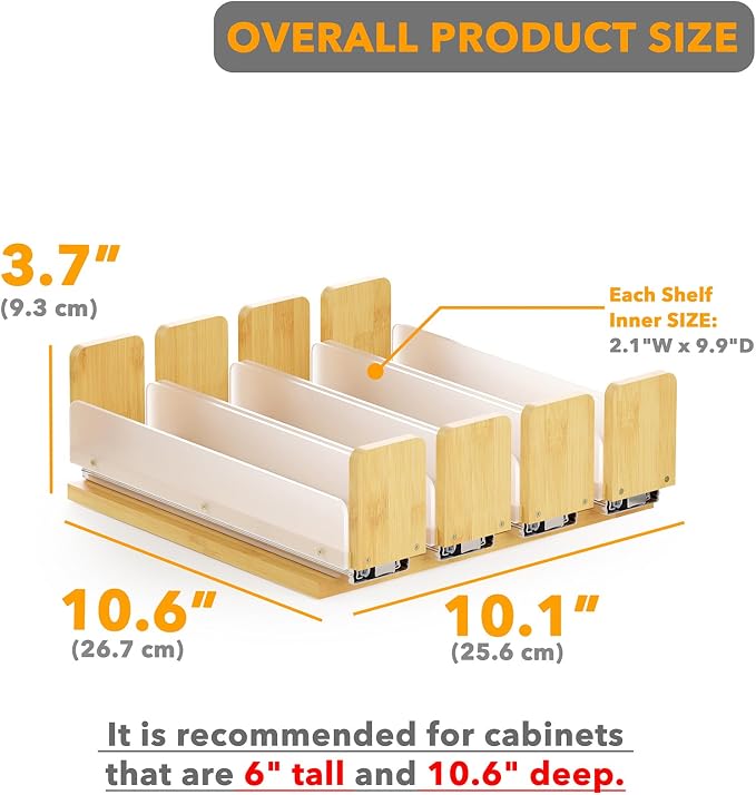 SpaceAid Bamboo Pull Out Spice Rack Organizer for Cabinet, Heavy Duty Slide Out Seasoning Kitchen Pantry Sliding Vertical Organization, 10.1" Wide, 4 Drawers(2" Wide), 1-Tier, Natural