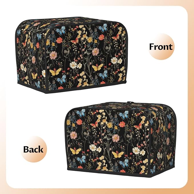 2 Slice Toaster Cover Wildflower Botanical Butterfly Flower Dust Proof Washable Kitchen Appliance Cover with Pocket, Oxford Fabric Countertop Toaster Protector for Standard Toasters Small Appliances
