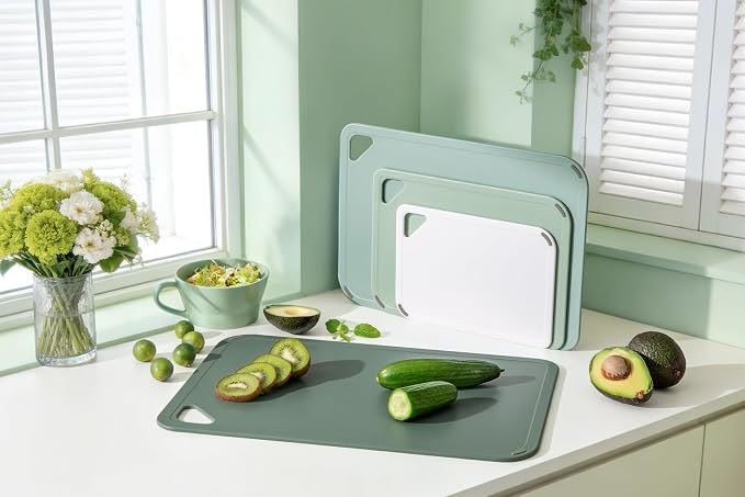Plastic Cutting Board Set, Extra Large Cutting Board for Kitchen | Upgarded Set of 4, Non-Slip with Grip Handle, Large -Small Chopping Board for Cooking, Bpa Free, Dishwasher Safe, Sage Green