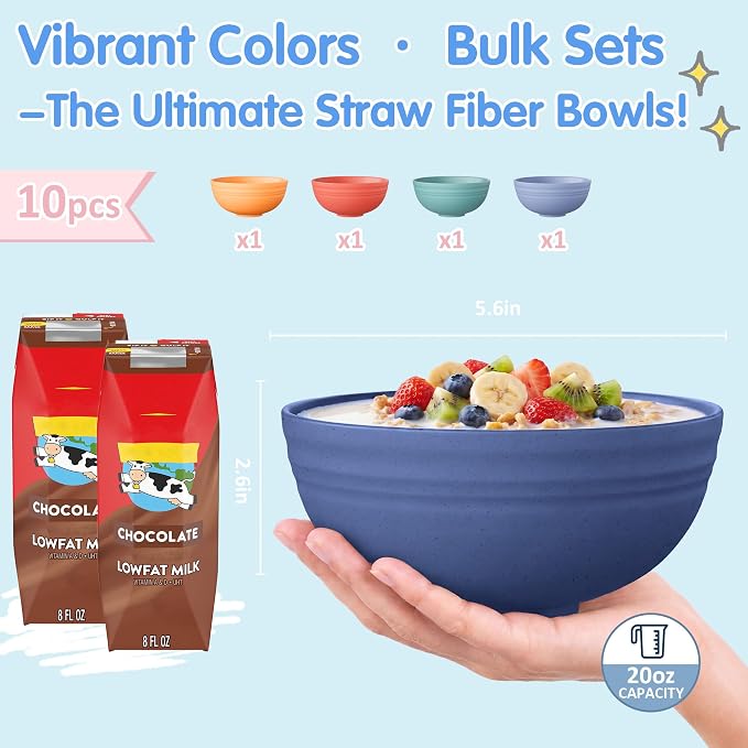 Quatish 10 PCS Unbreakable Cereal Bowls,Dishwasher & Microwave Safe Wheat Straw Bowls, Easy-to-Clean Lightweight Desserts & Soup Bowl, Portable for Picnics ，Snack Plastic Bowls Set，Blue