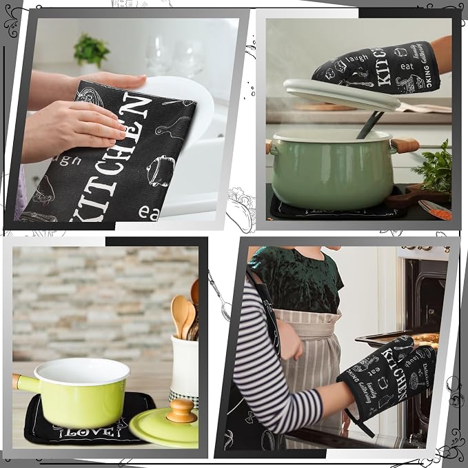 7 Pcs Kitchen Towels Oven Mitt and Pot Holder Apron Kitchen Decor Birthday Party Gifts (Cooking Meal Theme)