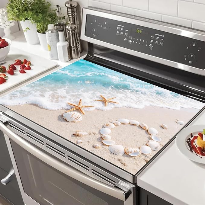 HOMETITUTE Summer Stove Top Covers for Electric Stove 28x20 Inches Coastal Seashell Artwork Heat Resistant Glass Cooktop Protector Pad Decorative Stovetop Cover for Kitchen Coffee Bar Decor