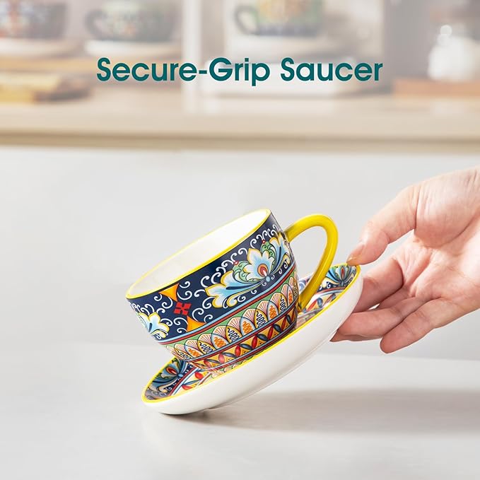 vancasso 8 Oz Cappuccino Cups, Porcelain Tea Cups and Saucers Set of 6 | Bohemian Cappuccino Mugs,Perfect for Latte, Tea and Espresso, Microwave and Dishwasher Safe,Lead-Free and Non-Toxic