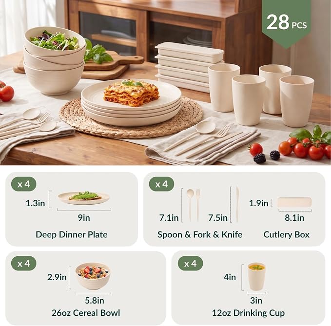 28 PCS Plastic Plates and Bowls Sets for 4 Unbreakable Wheat Straw Dinnerware Sets for Dorm, Camping, RV, Party, Travel Lightweight Utensils Kitchen Microwave & Dishwasher Safe(Beige)