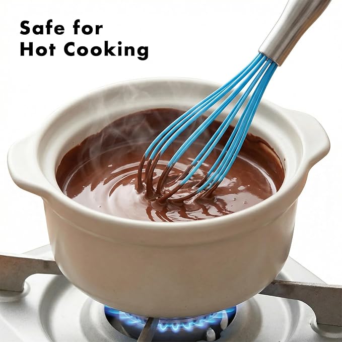 OYV 10-Inch Blue Silicone Whisk, Non-Scratch, 18/10 Stainless Steel Handle | 480°F Heat Resistant, BPA-Free Silicone, Sealed Waterproof Handle, Nonstick-Safe, Dishwasher Safe