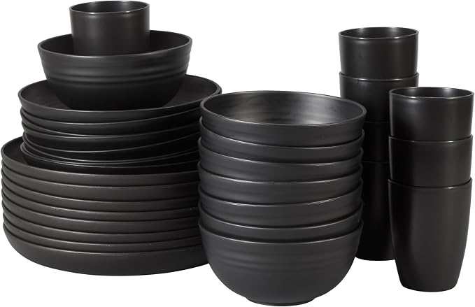 Gibson Home Plates and Bowls Set, 32 Piece Wheat Straw Dinnerware for 8 | Carmel Haze Collection - Dishes, Dishware, Matte Black, Tumblers, Unbreakable, Lightweight, Dishwasher Safe
