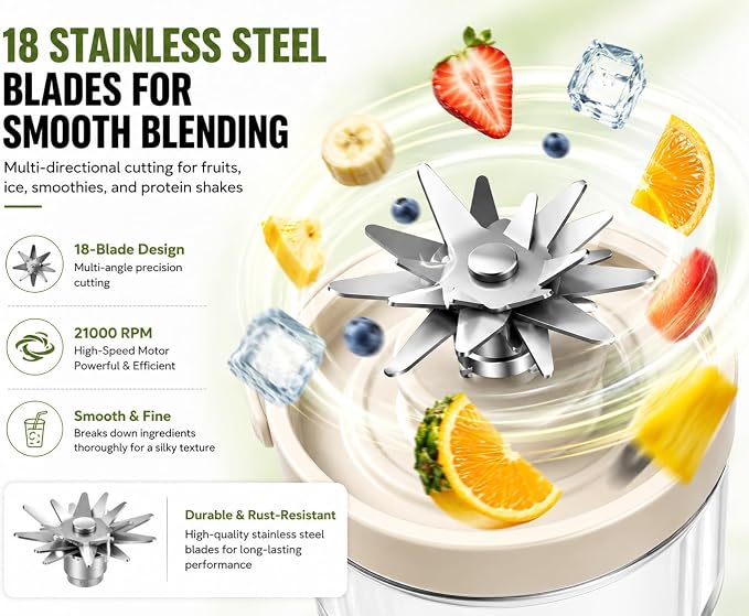 Portable Blender 2026 Model, 450ML, 18-Blade Powerful Smoothie Maker, USB Type-C Rechargeable, Ice Crushing Personal, 1500mAh Battery, 60W Motor, Travel Blender with Extra Jar & Lid