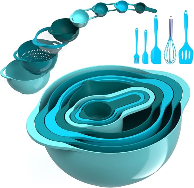 13 Pcs Mixing Bowls Set, RV Camping Accessories Set, Apartment Kitchen Gadget Easy Storage, Inculding Measuring Cups Colander Sifter Large Bowl Whisk Scraper, Great for Cooking and Baking, No BPA