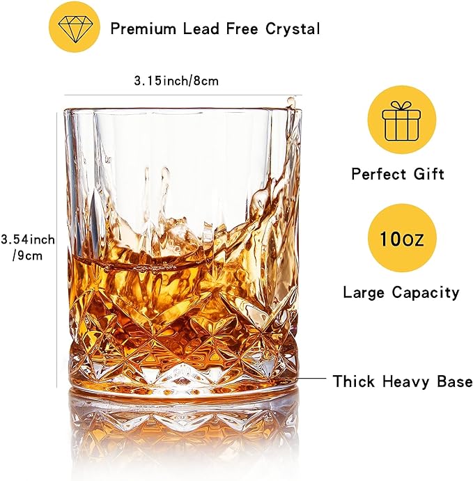 GLASKEY Whiskey Glasses Set of 4,Rock Glasses,11 oz Lead-Free Crystal Bourbon Glass,Old Fashioned Glass for Bourbon,Cognac,Irish Whisky,Personalised Whisky Glass Gift Set for Men,Dad,Brother