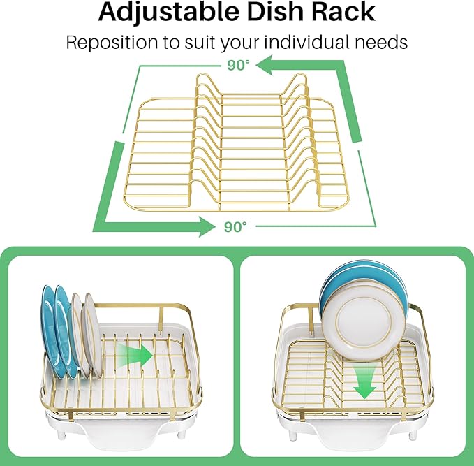SNTD Expandable Dish Drying Rack for Kitchen Counter, 15.2-22.1 in, Gold | Rust-Resistant Stainless Steel, Protective Side Rails, Self-Draining Drainboard, Removable Utensil Holder