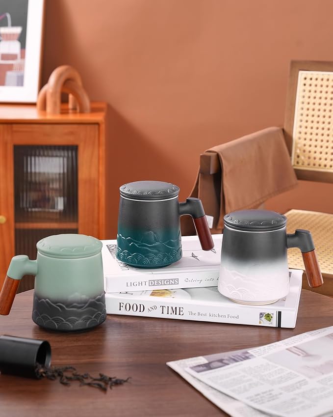 ZENS Tea Mug with Infuser and Lid for Loose Tea Steeper, 16.9oz Green | Embossed Ceramic Tea Cup with Infuser for Herbal Tea Difussers, Tea Lovers Gifts, Nature Wood Handle