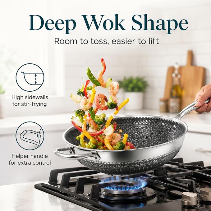 12.6 Inch Stainless Steel Honeycomb Wok Pan with Standing Glass Lid, Flat Bottom Stir Fry Pan for Induction, Gas & Electric Stoves, Physical Stick-Resistant Surface, Dishwasher Safe