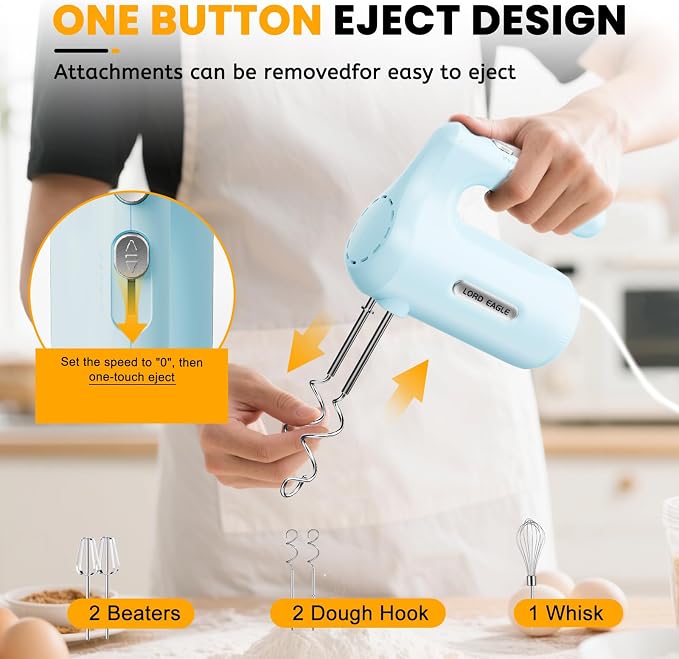 Lord Eagle 5-Speed Hand Mixer Electric With 4 Mixing Bowls Set | 300W Lightweight Kitchen Handheld Mixer with Measuring Cups & Spoons, Stainless Steel Bowls, Baking Supplies for Cake, Blue