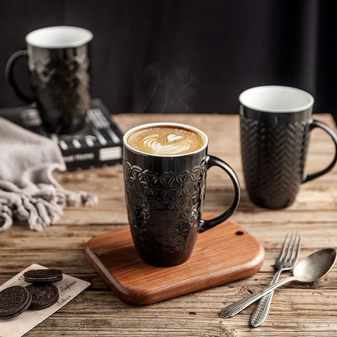 AmorArc 20 oz Large Coffee Mugs Set of 6, Black Ceramic Tall Coffee Cups | 3 Assorted Designs, Embossed Ceramic Coffee Mugs with Large Handle for Coffee/Tea/Cappuccino, Dishwasher&Microwave Safe