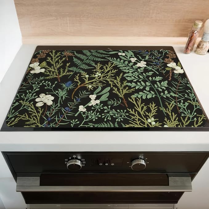Boho Stove Top Cover for Electric Stoves,Botanical Fern Plant Floral Black Farmhouse Stove Top Cover for Kitchen Decor,Heat Resistant Cooktop Protector Mat,Non-Slip Washable Dish Drying Mat 28"x20"