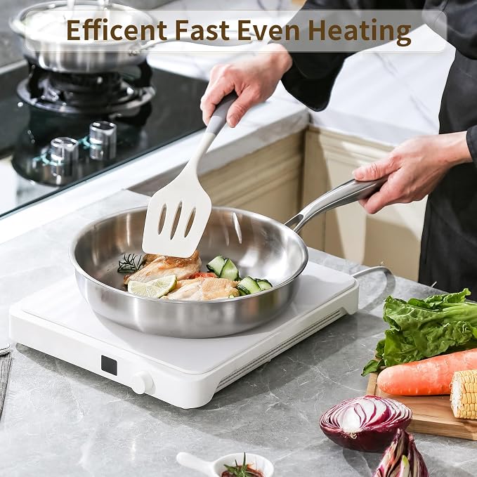 DELARLO Tri-Ply Stainless Steel Pan, 18/10 Frying Pan, Oven Safe Up to 600°F, Nontoxic Cookware, Compatible with All Cooktops Skillet, Durable, Fast Even Heat Fry Pan,12.5 inch Steel Frying Pan