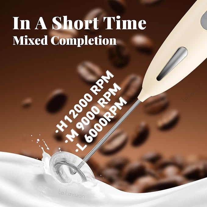Electric Milk Frother, Three speed adjustment, USB Rechargeable Cordless Hand Blender with Sticky Stand Included, Portable Kitchen Stainless Steel Egg Beater, Mixed Drinks, Coffee Stirrers (Beige set)