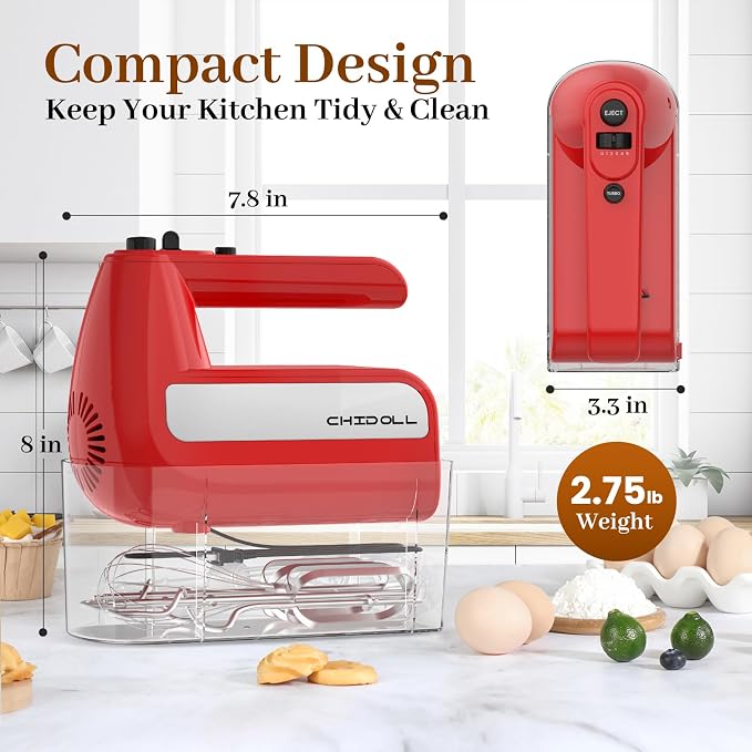 5-Speed Electric Hand Mixer, 800W Handheld Mixer with Turbo for Baking & Cooking, Kitchen Food Mixer with Storage Case & 6 Stainless Steel Attachments (2 Beaters, 2 Dough Hooks, 2 Whisks)-Red