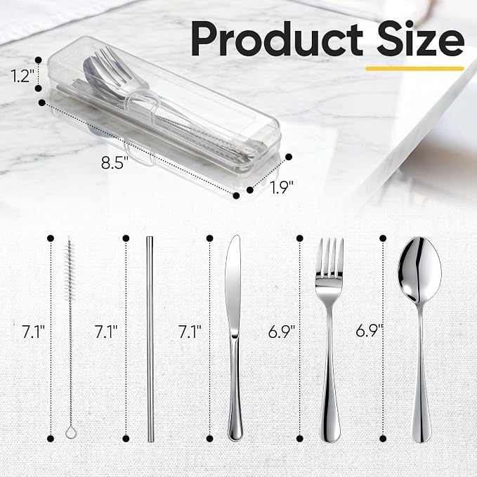 Travel Camping Utensils with Case, 6 Pcs Reusable Stainless Steel Silverware Cutlery Set, Spoon, Fork, Knife + Straw/Brush Kit for Camping, Travel, Office, Lunch Box, Eco On-the-Go (silver)